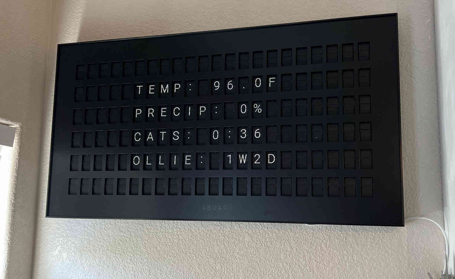 Vestaboard showing temperature, precipitation, work time, and custom counter